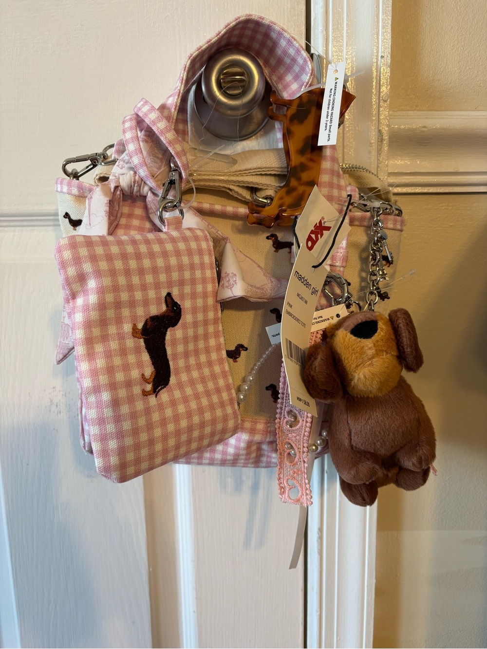 Madden Girl Pink Gingham Dachshund Crossbody Bag with Plush Charm